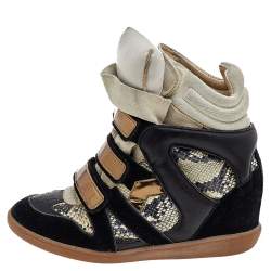 Pre Owned Isabel Marant Black/Grey Suede and Python Embossed Leather Beckett Wedge Sneakers Size 38