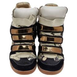 Pre Owned Isabel Marant Black/Grey Suede and Python Embossed Leather Beckett Wedge Sneakers Size 38