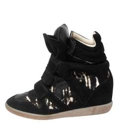 Pre Owned Isabel Marant Black Suede And Pony Hair Bekett Wedge Sneakers Size 39