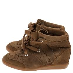 Pre Owned Isabel Marant Brown Suede Leather Bobby Wedge Lace Up Sneakers Size 38