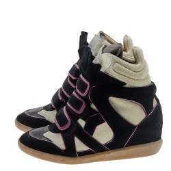 Pre Owned Isabel Marant Black/Grey Suede And Leather Bekett Wedge Sneakers Size 38