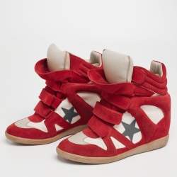 Pre Owned Isabel Marant Red/Cream Suede And Canvas Bekett Wedge High Top Sneaker Size 40