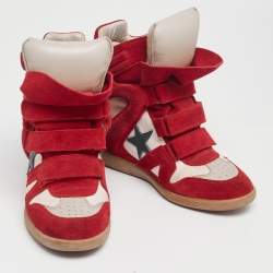 Pre Owned Isabel Marant Red/Cream Suede And Canvas Bekett Wedge High Top Sneaker Size 40