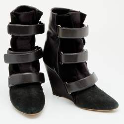 Pre Owned Isabel Marant Black Suede And Calf Hair Pointed Toe Wedge Ankle Boots Size 40