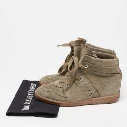 Pre Owned Isabel Marant Olive Green Suede Bobby Wedge Sneakers Size 39