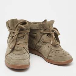 Pre Owned Isabel Marant Olive Green Suede Bobby Wedge Sneakers Size 39