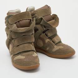 Pre Owned Isabel Marant Olive Green/Brown Suede And Leather Bekett Wedge High Top Sneakers Size 38