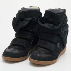 Pre Owned Isabel Marant Black/Dark Green Suede And Leather Beckett Wedge High Top Sneakers Size 38