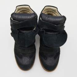 Pre Owned Isabel Marant Black/Dark Green Suede And Leather Beckett Wedge High Top Sneakers Size 38