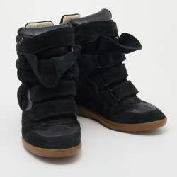 Pre Owned Isabel Marant Black/Dark Green Suede And Leather Beckett Wedge High Top Sneakers Size 38