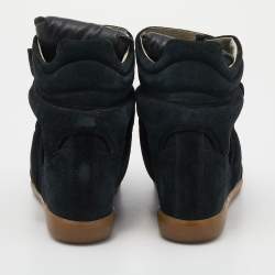 Pre Owned Isabel Marant Black/Dark Green Suede And Leather Beckett Wedge High Top Sneakers Size 38