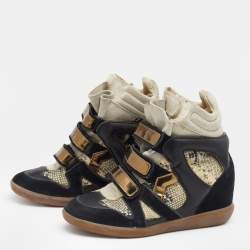 Pre Owned Isabel Marant Multicolor Suede And Python Embossed Leather Beckett Wedge High Top Sneakers Size 37