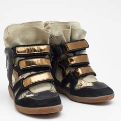 Pre Owned Isabel Marant Multicolor Suede And Python Embossed Leather Beckett Wedge High Top Sneakers Size 37