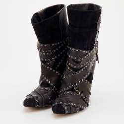 Pre Owned Isabel Marant Black Leather And Suede Eyelet Embellished Ankle Wrap Boots Size 41