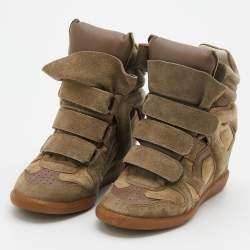Pre Owned Isabel Marant Olive Green/Brown Suede And Leather Bekett Wedge Sneakers Size 38