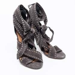 Pre Owned Isabel Marant Grey Eyelet Suede Anaid Cross Strap Wrap Around Sandals Size 40