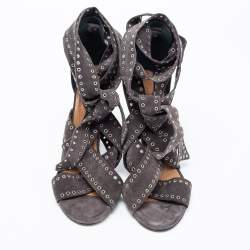 Pre Owned Isabel Marant Grey Eyelet Suede Anaid Cross Strap Wrap Around Sandals Size 40