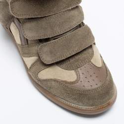 Pre Owned Isabel Marant Olive Green/Brown Suede and Leather Bekett Wedge High-Top Sneakers Size 38