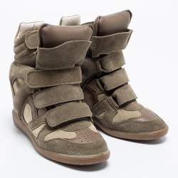 Pre Owned Isabel Marant Olive Green/Brown Suede and Leather Bekett Wedge High-Top Sneakers Size 38
