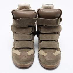 Pre Owned Isabel Marant Olive Green/Brown Suede and Leather Bekett Wedge High-Top Sneakers Size 38