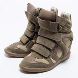 Pre Owned Isabel Marant Olive Green/Brown Suede and Leather Bekett Wedge High-Top Sneakers Size 38