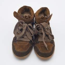 Pre Owned Isabel Marant Olive Green Suede Bobby Wedge Sneakers Size 36