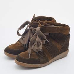 Pre Owned Isabel Marant Olive Green Suede Bobby Wedge Sneakers Size 36