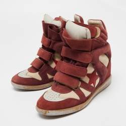 Pre Owned Isabel Marant Brown/Burgundy Suede And Leather Bekett Wedge Sneakers Size 39