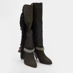 Pre Owned Isabel Marant Multicolor Canvas and Leather Knee Length Boots Size 40