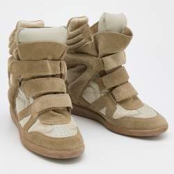 Pre Owned Isabel Marant Khaki/Off White Suede Bekett Wedge Sneakers Size 40