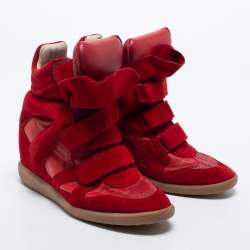 Pre Owned Isabel Marant Red Suede and Leather Bekett Wedge Sneakers Size 39