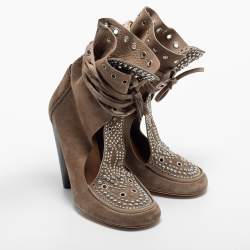 Pre Owned Isabel Marant Beige Suede Mossa Studded Cut Out Ankle Boots Size 38
