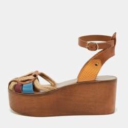 Pre Owned Isabel Marant Multicolor Leather and Jute Wedge Platform Ankle Strap Sandals Size 38