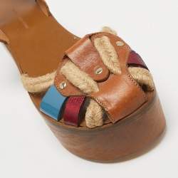 Pre Owned Isabel Marant Multicolor Leather and Jute Wedge Platform Ankle Strap Sandals Size 38