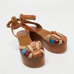Pre Owned Isabel Marant Multicolor Leather and Jute Wedge Platform Ankle Strap Sandals Size 38