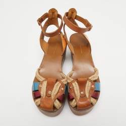 Pre Owned Isabel Marant Multicolor Leather and Jute Wedge Platform Ankle Strap Sandals Size 38