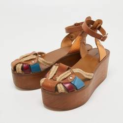 Pre Owned Isabel Marant Multicolor Leather and Jute Wedge Platform Ankle Strap Sandals Size 38