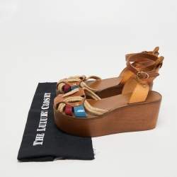 Pre Owned Isabel Marant Multicolor Leather and Jute Wedge Platform Ankle Strap Sandals Size 38