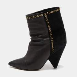 Pre Owned Isabel Marant Brown/Black Leather and Suede Eyelet Detail Miyako Ankle Booties Size 36