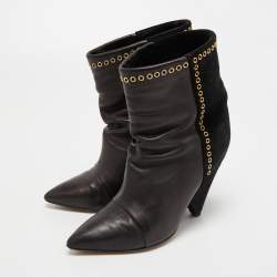 Pre Owned Isabel Marant Brown/Black Leather and Suede Eyelet Detail Miyako Ankle Booties Size 36