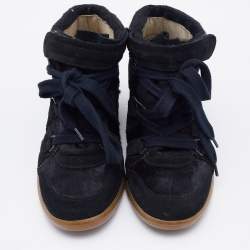 Pre Owned Isabel Marant Black Suede and Calf Hair Wedge Lace Up Sneakers Size 38