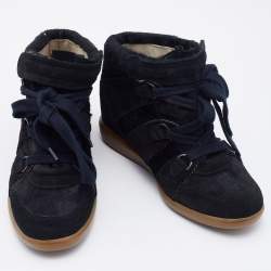 Pre Owned Isabel Marant Black Suede and Calf Hair Wedge Lace Up Sneakers Size 38