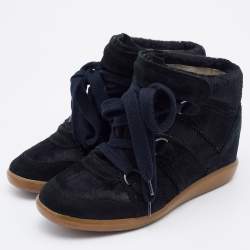 Pre Owned Isabel Marant Black Suede and Calf Hair Wedge Lace Up Sneakers Size 38