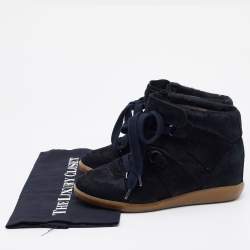 Pre Owned Isabel Marant Black Suede and Calf Hair Wedge Lace Up Sneakers Size 38