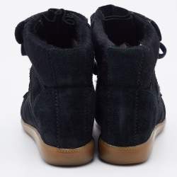 Pre Owned Isabel Marant Black Suede and Calf Hair Wedge Lace Up Sneakers Size 38