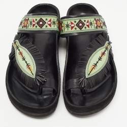 Pre Owned Isabel Marant Green/Black Leather Embroidered Ebann Slides Size 39