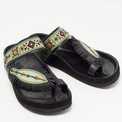 Pre Owned Isabel Marant Green/Black Leather Embroidered Ebann Slides Size 39