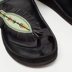 Pre Owned Isabel Marant Green/Black Leather Embroidered Ebann Slides Size 39