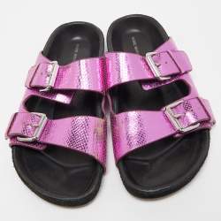 Pre Owned Isabel Marant Purple/Black Snakeskin Embossed Leather Buckle Detail Flat Sandals Size 36