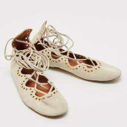Pre Owned Isabel Marant Light Grey Suede Leo Eyelet Ankle Tie Ballet Flats Size 38